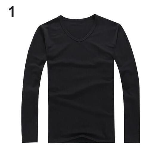 Mens Fashion Simple Slim Cotton V-neck Long Sleeve Casual T-shirt Concise Top Basic Black White T-shirt Spring Autumn