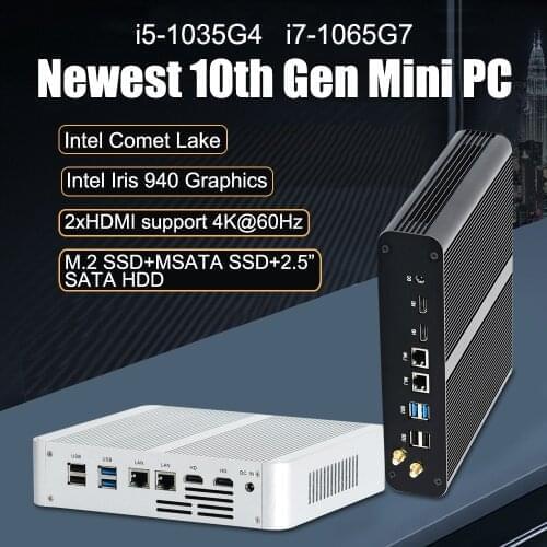 New Fanless Mini Computer Intel i7 10710U 10510U Desktop PC Windows 10 2*DDR4 M.2 NVMe+Msata+2.5'SATA 4K HTPC Nettop HDMI DP