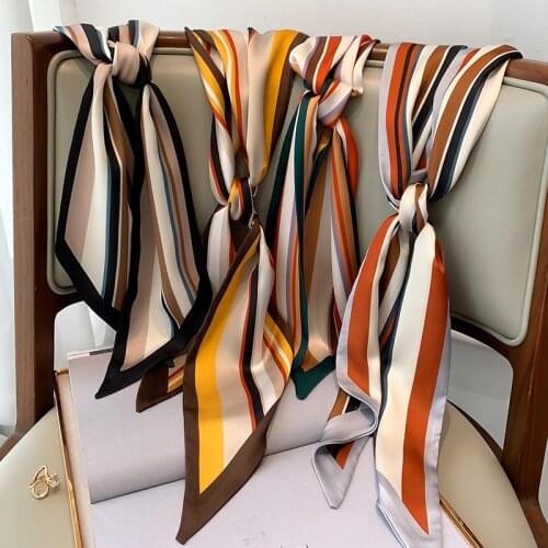 2021 Spain Silk Neck Scarf Luxury Striped Line Hair Tie Scarves Foulard HeadBand Shawls and Wraps Neckerchief Bandanas 150*15Cm