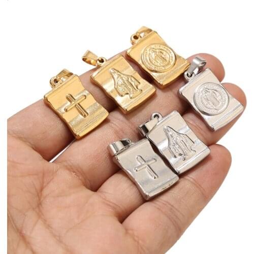 6pcs Stainless Steel Gold 15*24mm Charm Saint Benedict Maria Medal Double Side Protection Cross Pendants For DIY Necklace Making