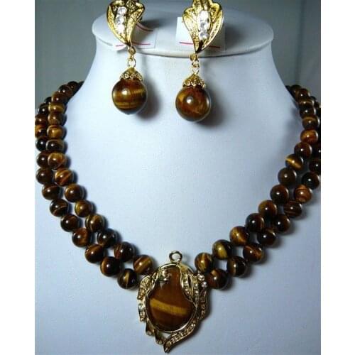 Luxurious 2 Row 8mm Natural Tiger Eye Stone Necklace Pendant Clip Earrings Set