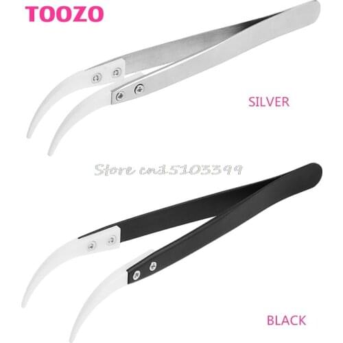 Stainless Steel Handle Ceramic Heat Resistant Tip Curved Tips Tweezers Black/Silver G08 Whosale&DropShip