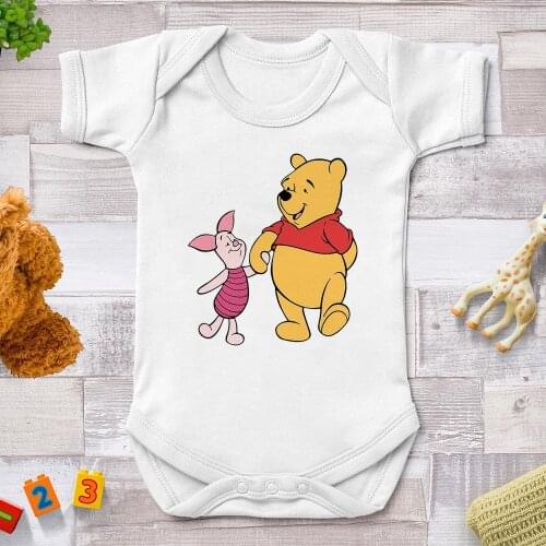 Winnie Pooh And Piglet Baby Clothes Newborn Summer White Baby Rompers Harajuku Girls Boys Jumpsuits Disney Cartoon Baby Outfits