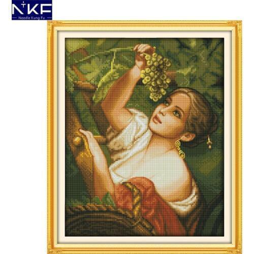 NKF The Plucking Grapes Girl Cross Stitch Pattern Needlework Painting Cross Stitch Embroidery Craft Cross Stitch for Home Decor