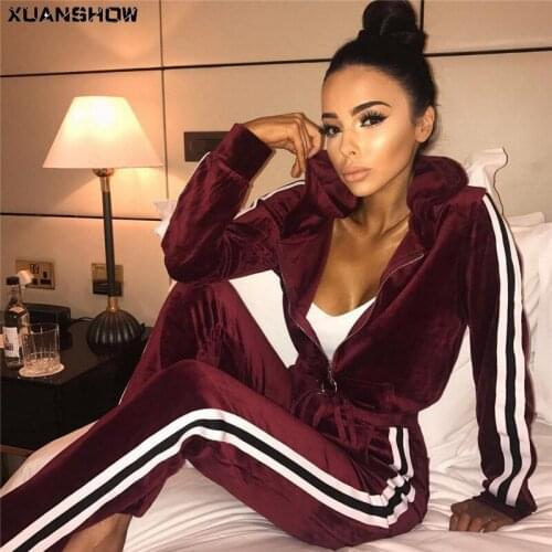 XUANSHOW 2020 Womens 2-Piece Full Zip Tracksuit Sweatsuit Jogging Suit Casual Long Sleeve Winter Velour Warm Fitness Sportswear