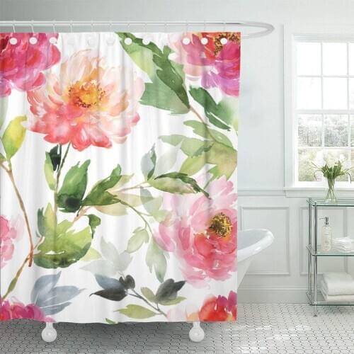 Floral Watercolor on Pink and Coral Peonies Flower Pattern Shower Curtain Waterproof Polyester Fabric 60 x 72 Inches with Hooks