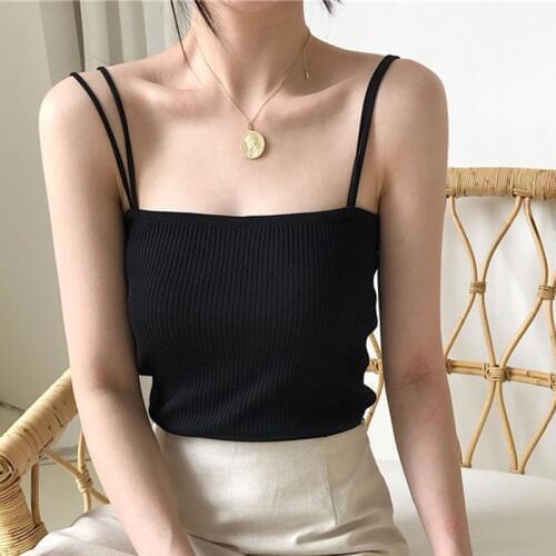 Women Sexy Tank Top Vest Off Shoulder Halter Sexy Thin Double Straps Knitted Camisole