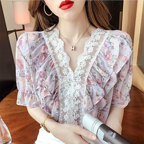 Floral Ruffled Short-sleeved Shirt Womens Spring/summer 2021 New Printed Patchwork Lace V-neck Camisetas De Mujer Tops