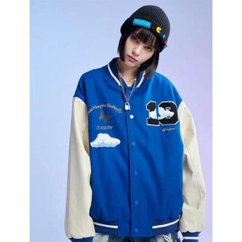 Couple Baseball Jacket Women Colorblock 2021 Three-dimensional Stitching White Cloud Towel Embroidery Baseball Uniform Woolen
