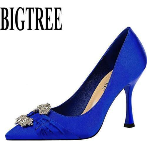 BIGTREE 2019 New Women Pumps Fashion Crystal Metal Buckle 10cm High Heels Satin Pointed Shallow Mouth Party Wedding Shoes Woman