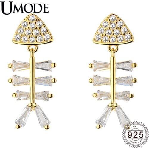 UMODE 2019 New 925 Sterling Silver Simple Fishbone Stud Earrings for Women Paved CZ Zircon Fish Birthday Silver Jewelry ALE0639