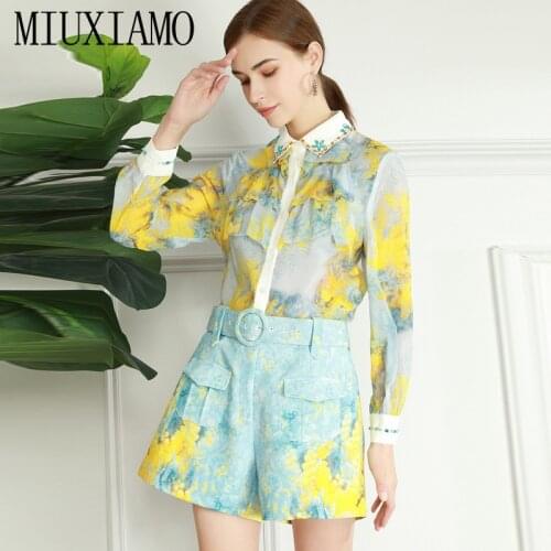 MIUXIMAO 2021 Spring Summer Skirt and Top Set Flower Printed Loose Diamonds Top + Pants Fashion Suit 2 Piece Set Women Vestidos
