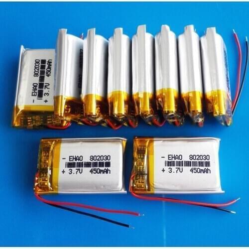 10 pcs 3.7V 450mAh 802030 Polymer lithium Lipo battery Rechargeable For Mp3 GPS Bluetooth Headphone Massager