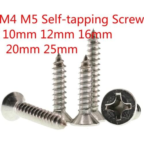 100/50pcs Wood Screws Self-Tapping M4 M5 Phillips Cross Bolt Countersunk Flat Head 304 Stainless Steel 10-25mm 12mm 16mm 20mm