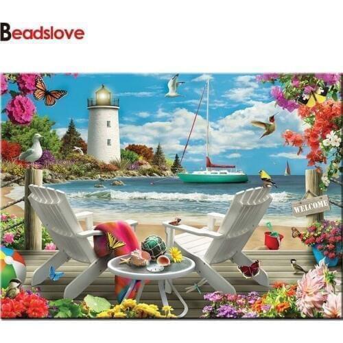 5D Square/Round Diamond Embroidery Sea lighthouse chair Diamond Mosaic sale DIY Diamond Painting Cross Stitch Full Rhinestone