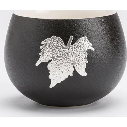 Teaware Tea Master cup Bowl Black Zen Tea Cup Boutique Handmade Inlaid Tin Leaf Coarse Pottery Teacup