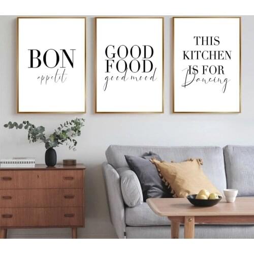 Black and White Wall Art Kitchen Poster Good Food Good Mood Bon Appetit Quotes Canvas Painting and Print Pictures Home Decor