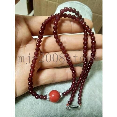 Long 18" 4mm Wine jade /12mm Coral Beads Necklace