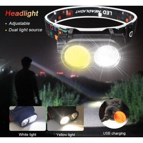 Dual Light Source Headlight White&Yellow Flashlight USB Rechargeable Headlamp Powerful Waterproof Night Fishing Head Front Light