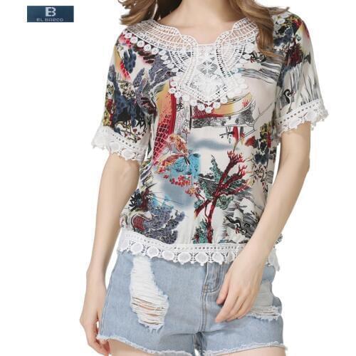 [EL BARCO] 2017 Summer Short-Sleeve Flower-Print Women Chiffon Blouse Shirts Cotton Linen Lace Vintage Female Casual Tops Camisa