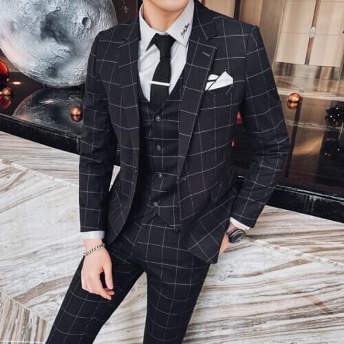 Plaid Suit Men Three-piece Set Black Gray Dark Blue Mens Business Banquet Suits Size S-4XL Mens Blazers Jacket + Pants + Vest