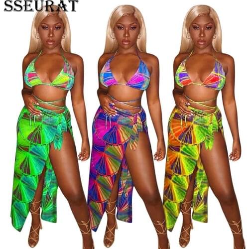 SSEURAT Print 3 Piece Bikini Sets Women Halter Beachwear Bra Tops+underpant+side Split Maxi Skirts Summer Swimsuit
