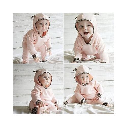 Toddler Baby Girl Boy Lovely Rabbit Ear Stripped Hoodie Sweatshirts + Long Pants Set Unisex Baby Clothes Set