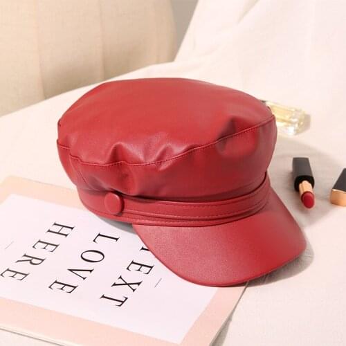 Fashion Unisex PU Leather Military caps Spring Autumn Sailor Hats for Women Men Black Grey Flat Top Captain Cap Travel Cadet Hat