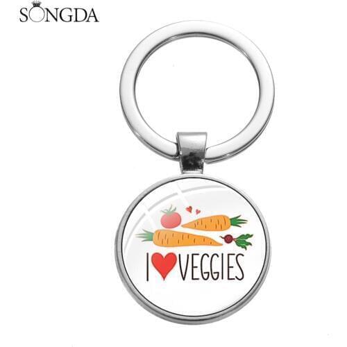 Trendy I Love Veggies Vegan Keychain Green Vegetables Cartoon Printed Glass Gem Key Ring Chain Llavero Gift for Men Women