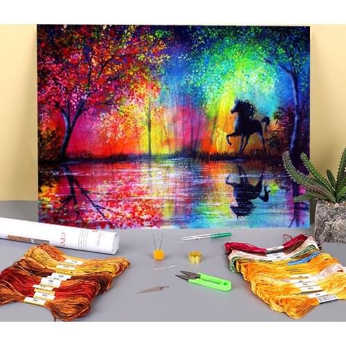 Natural Scenery Rainbow Stallion Printed Fabric 11CT Cross Stitch Set DIY Embroidery DMC Threads Knitting Hobby Different