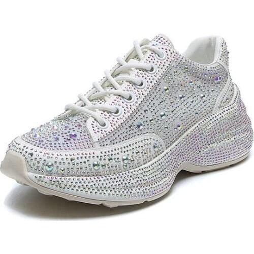 2021 New Trendy Full Diamond Platform Muffin Authentic Leather Rhinestones Martens High-Top Casual All-Matching Dad Shoes Women