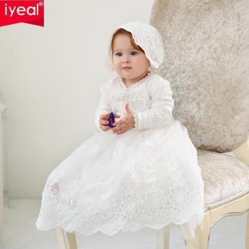 IYEAL Newborn Baptism Dress With Hat For Baby Girl First Birthday Party Wear Toddler Girl Christening Gown Kids Infant Clothes
