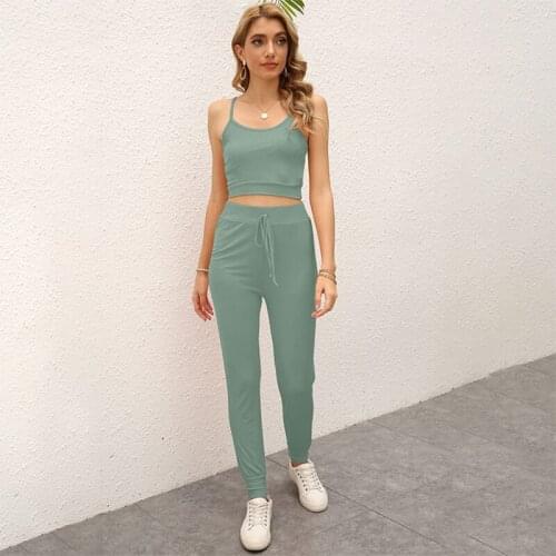 Casual Two-piece Women Suit Sexy Sleeveless O Neck Backless Sling Crop Tops And Straight Trousers Slim Solid Color Pants Suits