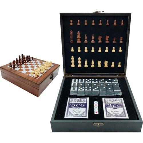 Folding Carving Wooden Chess Set Quality Portable Chess Game Poker Domino Dice 4 in 1 Family Outdoor Travel Entertainment Games