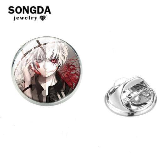 SONGDA Tokyo Ghoul Cosplay Badge Anime Kaneki Ken Kirishima Toka Art Photo Brooch Pins Stainless Steel Pins Round Glass Cabochon