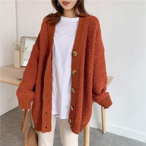 [ZAYAU]V-neck Knitted Cardigan womens Loose Large Coarse Wool Sweater Autumn and Winter Lazy Coat Thickened 2021