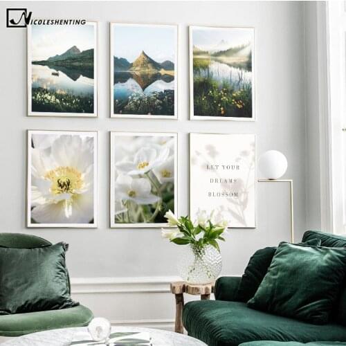 Spring Nature Landscape Canvas Painting Flower Mountain River Scandinavian Decoration Poster Nordic Style Art Print Wall Picture