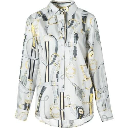 2020 Real Silk Spring Turn-down Collar Top 100% Mulberry Silk Women Long-sleeve Print Blouses M L XL FREE SHIPPING