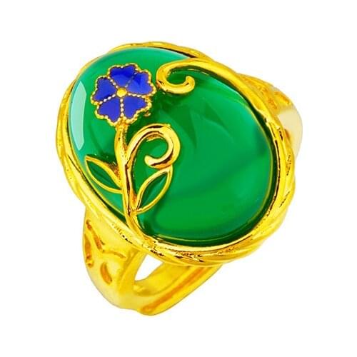 Vintage enamel Big green natural stone Drop Retro wedding Rings for Women Girl Finger Ring Party bride propose Jewelry Gifts