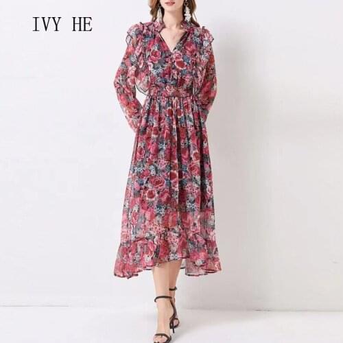 IVY HE High Quality Autumn Dress Woman Clothing Chiffon Ruffle Flower Print Elastic Waist Decor Long Vintage Party Dresses ZAfu