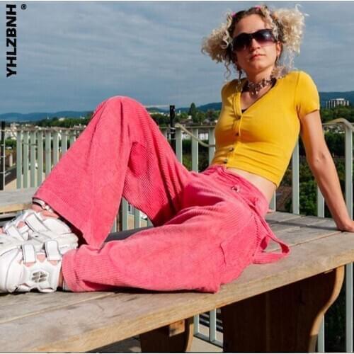 YHLZBNH Women Long Pants Y2K Loose High Waist With Pocket Sweetpant Corduroy Harajuku Cargo Pants E-Girl Trousers 90S Streetwear