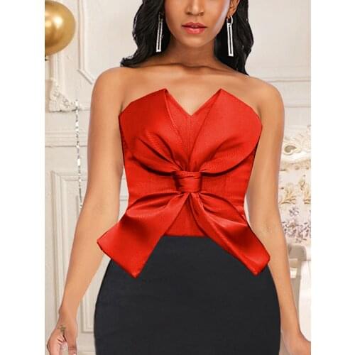 AOMEI Women Red Party Tops 2021 Elegant Crop Tops with Big Bow Summer Sexy Bare Shoulder Backless Anti Slip Tube Tops Blouse 3XL