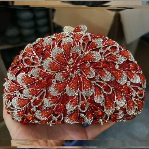 Women red/blue/purple/green crystal diamond evening bags cocktail party wedding bags gift box crossbody messenger bags chain