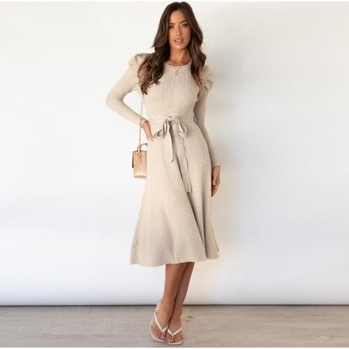 ZA Dresses for Women 2021 New Bubble Long Sleeve Knit Womens Dress Temperament Thin High Waisted Big Swing Base Sweater Dress