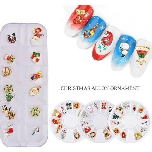 12pcs/set Christmas Nail Art Decorations 3D Alloy Rhinestones Mixed Bells Snowman Designs Nail Wheels DIY Manicure Accessories