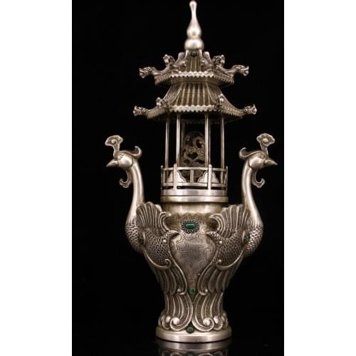 18"Tibet Buddhism Old Bronze Gilt silver mosaic Gem Phoenix statue Peacock Ear Tower Incense Burner pagoda Town House Exorcism