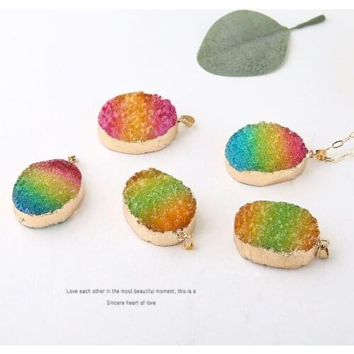 2pcs Korean fashion Natural Crystal Stone Pendant Gradient Rainbow Copper Pendant DIY Handmade Jewelry Accessories Material