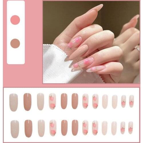 24pcs/Set Cute Pink Peach Pattern False Nails Middle Long Girls Artificial Full Nail Decal Art Tips with Glue Manicure Tools