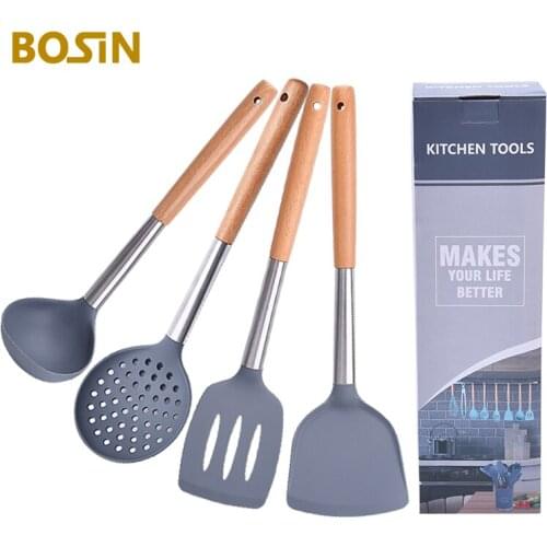 4Pcs Silicone Spatula With Wooden Handle Cooking Utensils Set Heat Resistant Cookware Baking Tool Kit Utensils