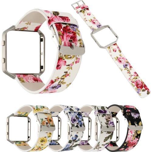 Floral Roses Flower Genuine Leather Band For Fitbit Blaze Watch Strap with Protective Metal Frame Case Cover Bumper Wristbands